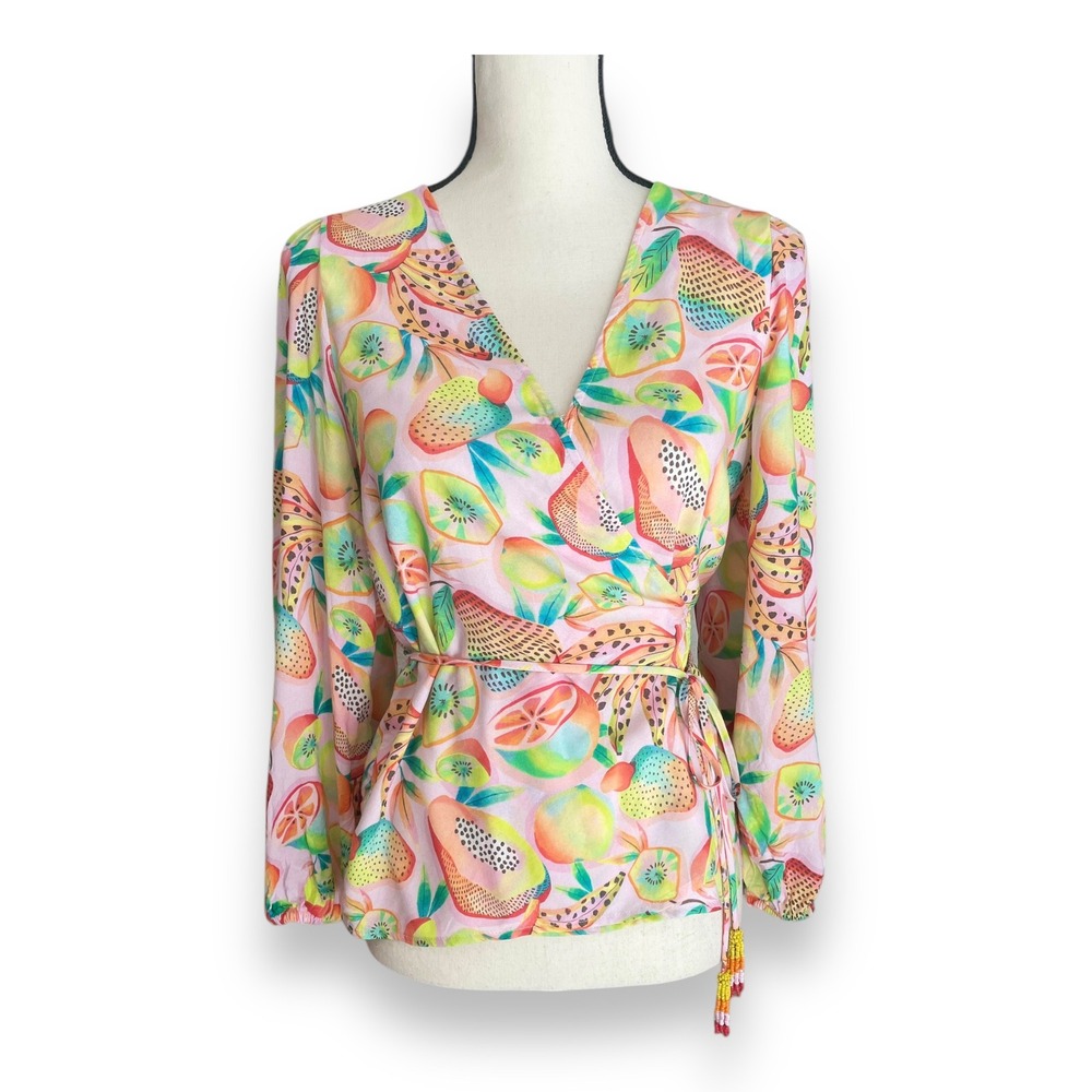 Farm Rio for Anthropologie Tropical Fruit Print Wrap Top Pink Beaded‎ Tassel S